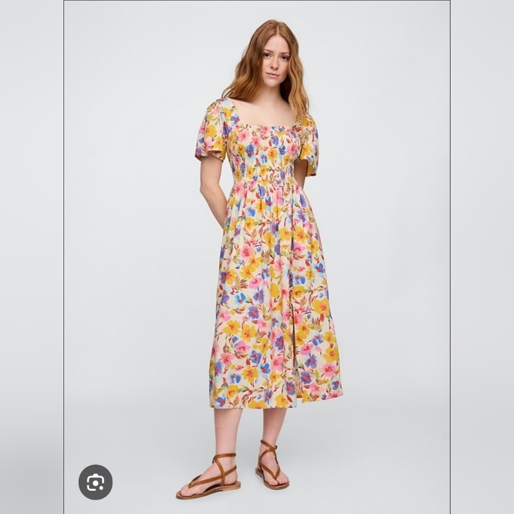 NWT GAP Print Smocked Puff Sleeve Midi Dress Size XS In Multi Floral